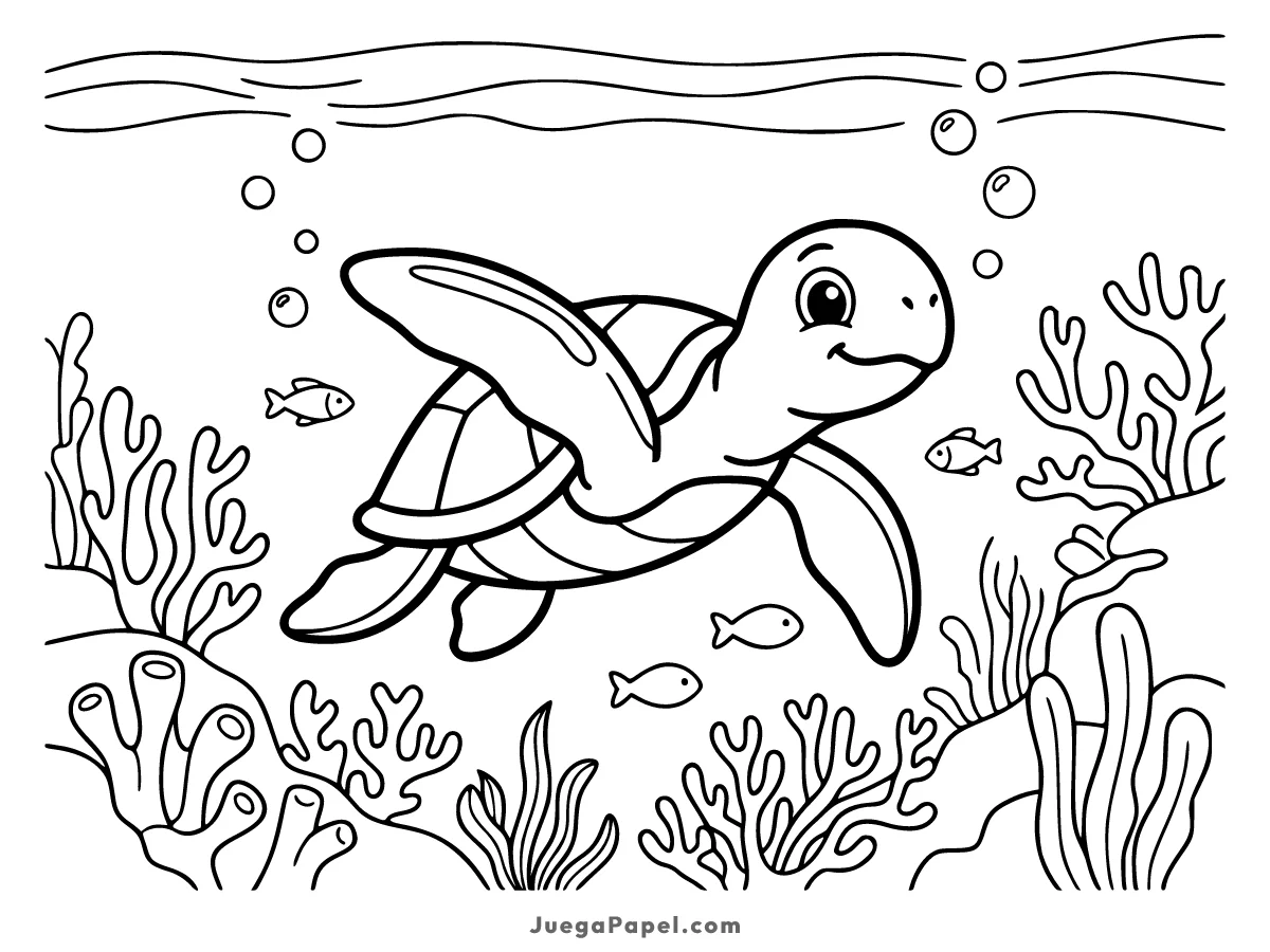 Dibujo para colorear e imprimir de Tortuga Marina Nadando en el Océano