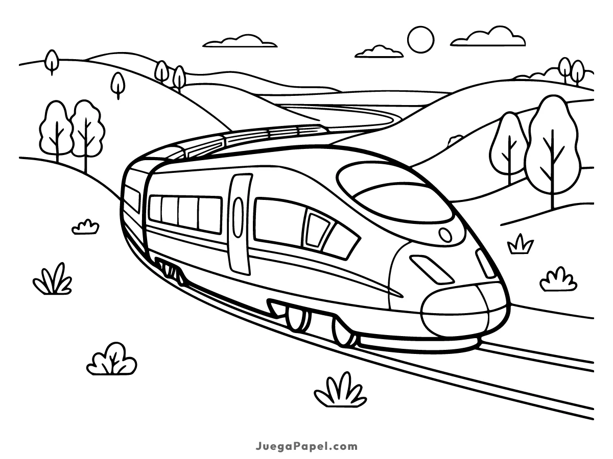 Dibujo para colorear e imprimir de Tren de Alta Velocidad Cruzando las Colinas