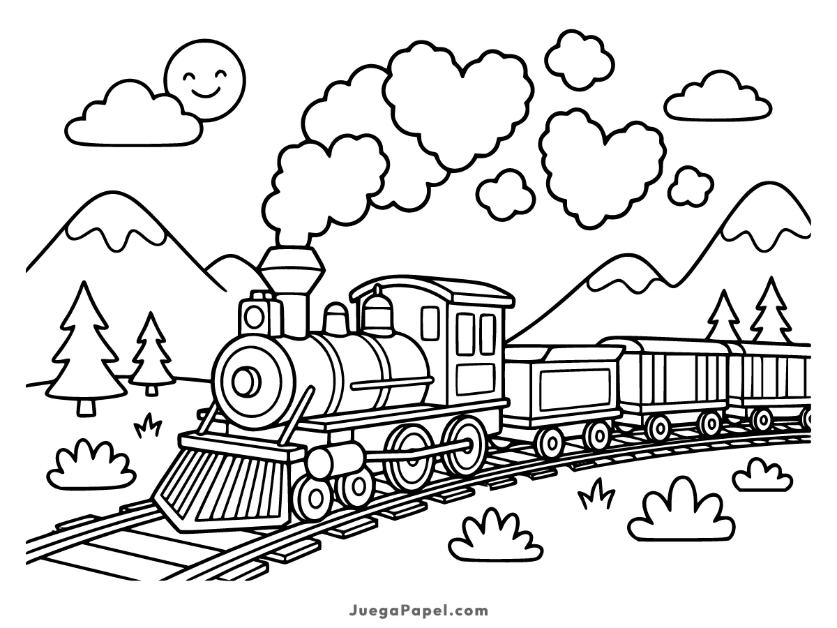 Dibujo para colorear e imprimir de Tren de Vapor con Humo en Forma de Corazón