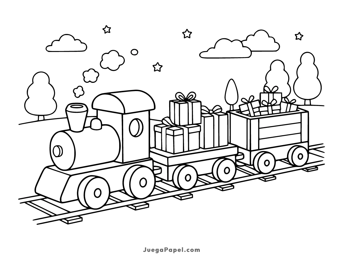 Dibujo para colorear e imprimir de Tren Expreso de Juguete Con Regalos