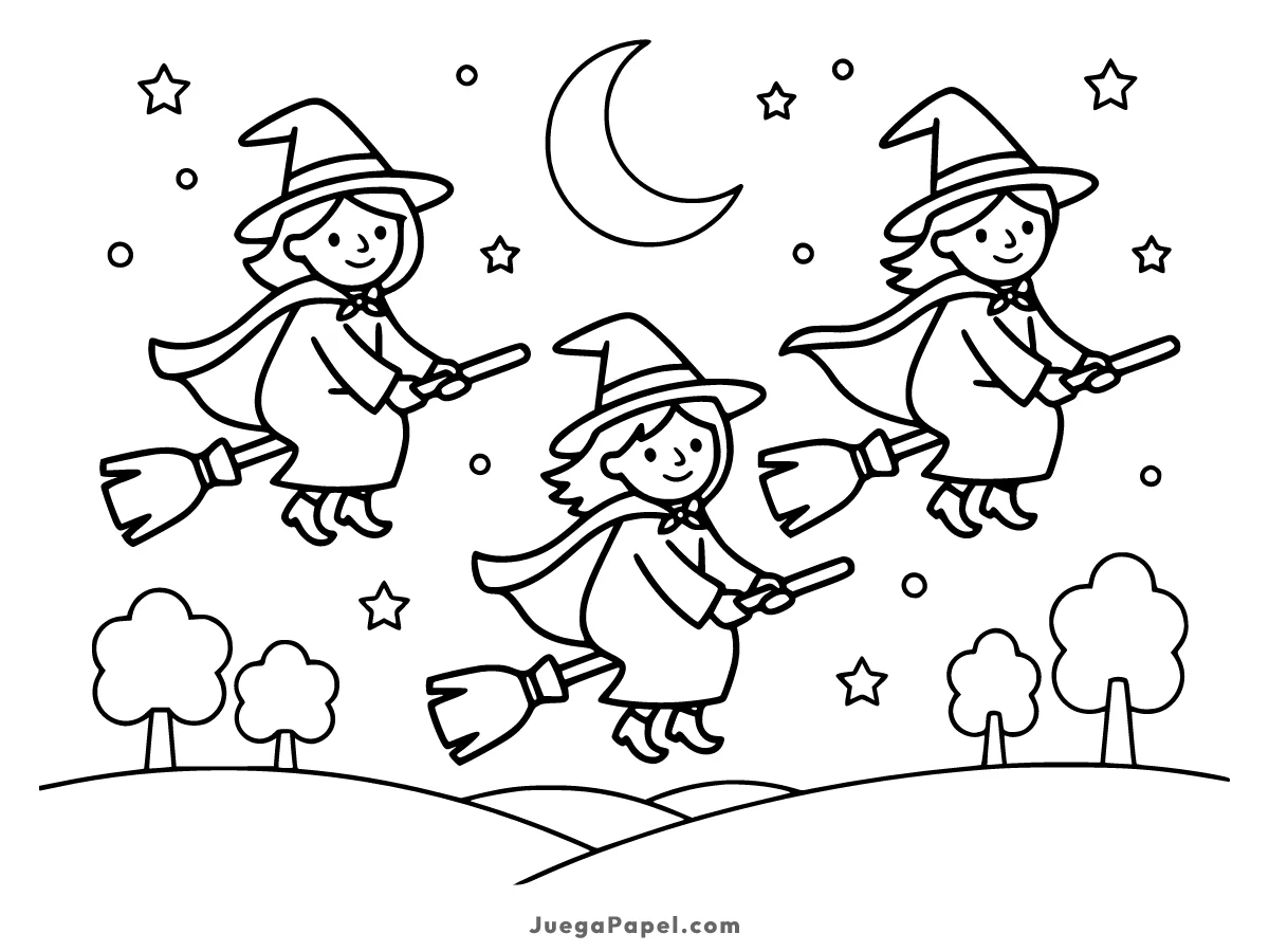 Dibujo para colorear e imprimir de Tres Brujas Volando