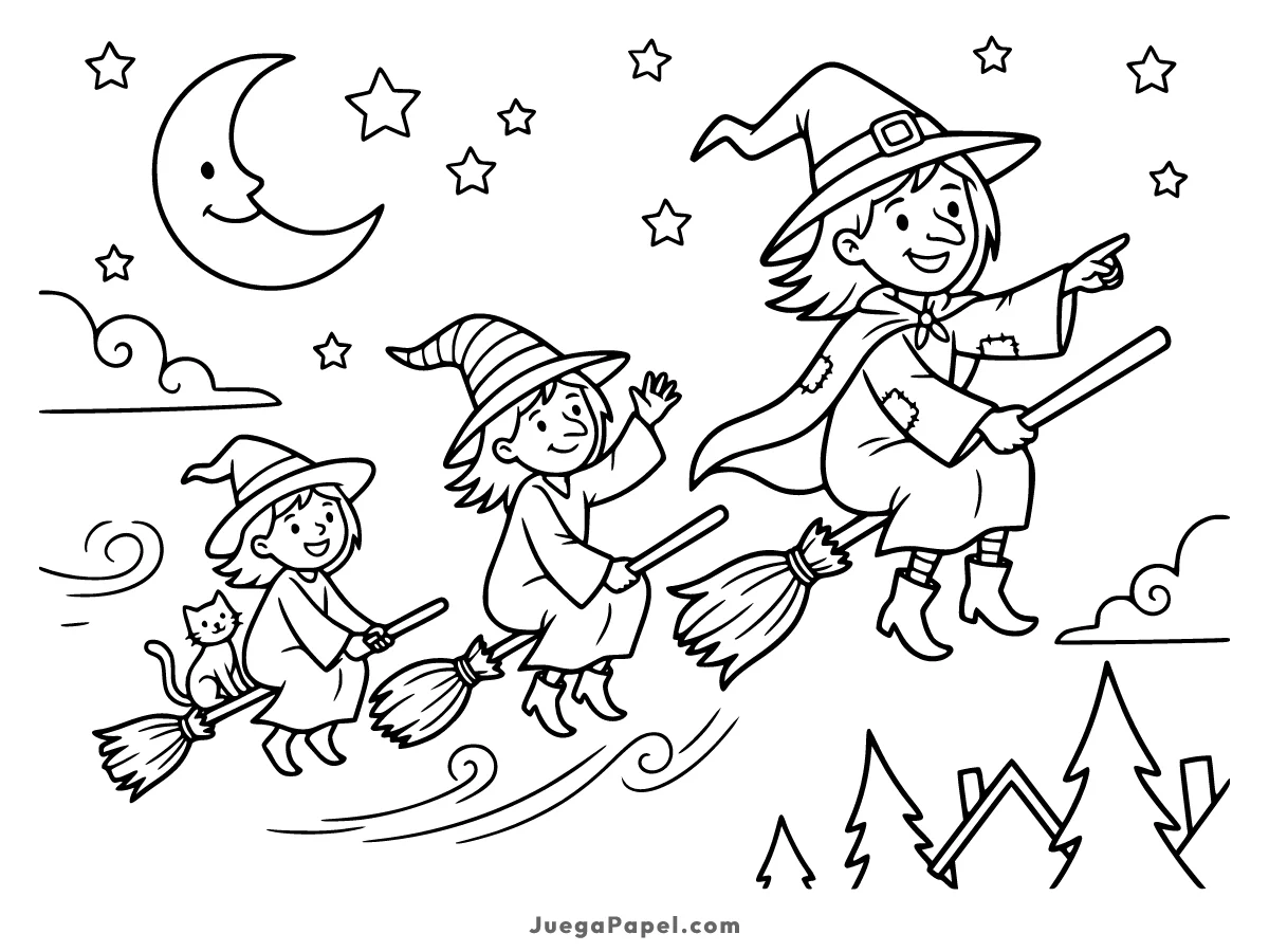 Dibujo para colorear e imprimir de Tres brujas volando en escoba