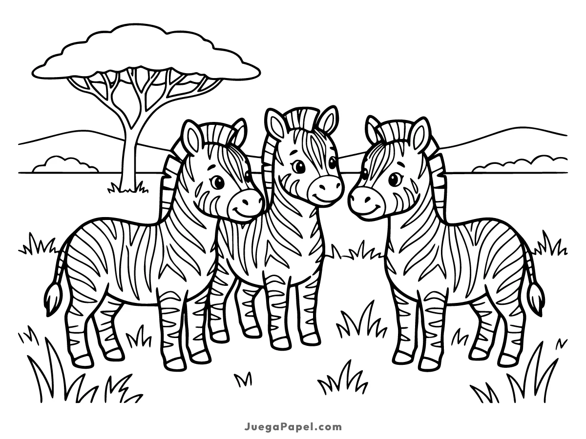 Dibujo para colorear e imprimir de Tres Cebras Amigables en la Sabana