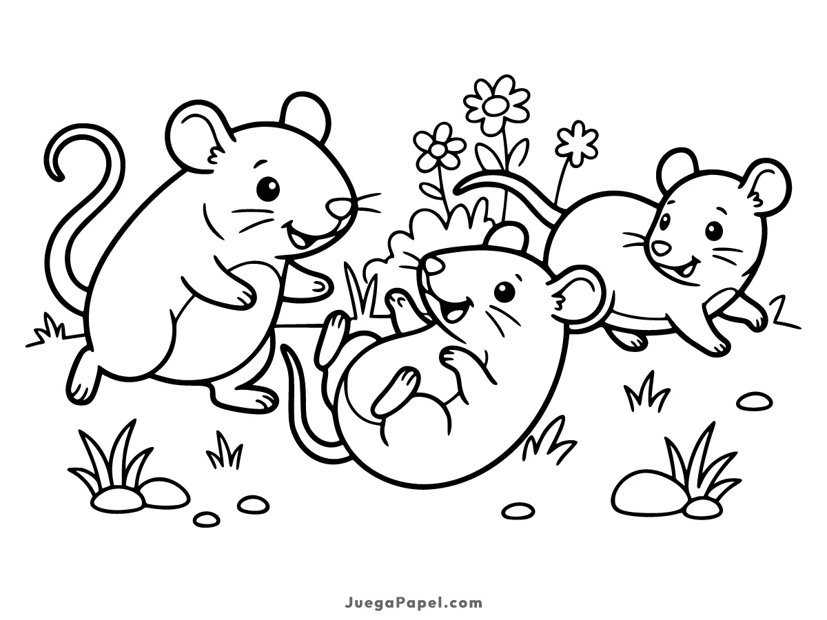 Dibujo para colorear e imprimir de Tres Ratoncitos Alegres Jugando en el Prado