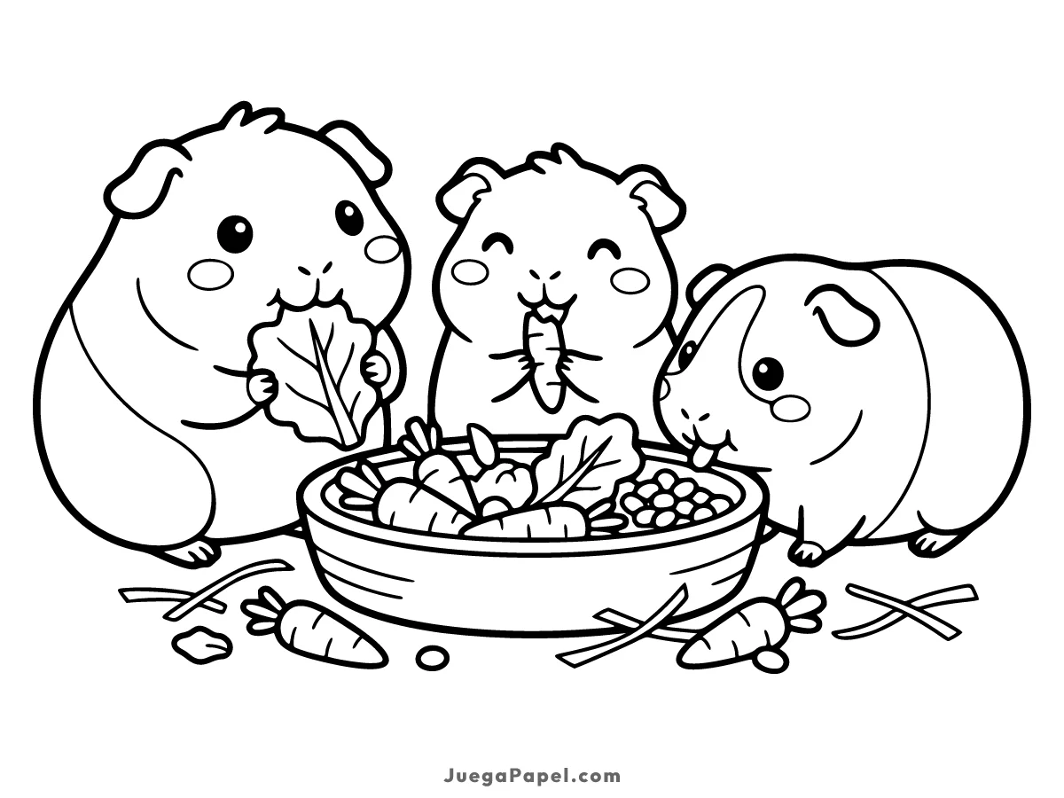 Dibujo para colorear e imprimir de Tres Tiernas Cobayas Comiendo Verduras Frescas