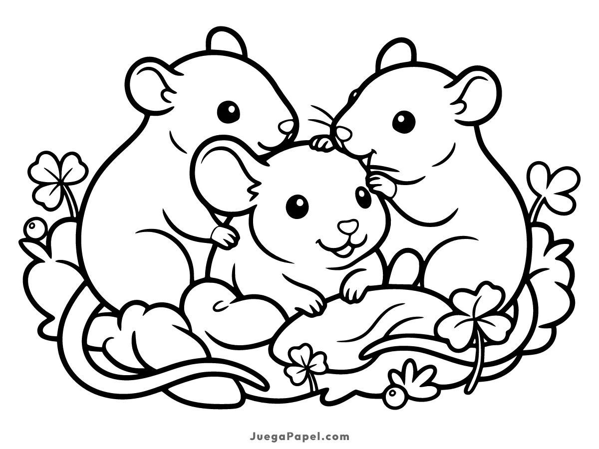 Dibujo para colorear e imprimir de Tres Tiernos Ratoncitos Jugando en la Naturaleza