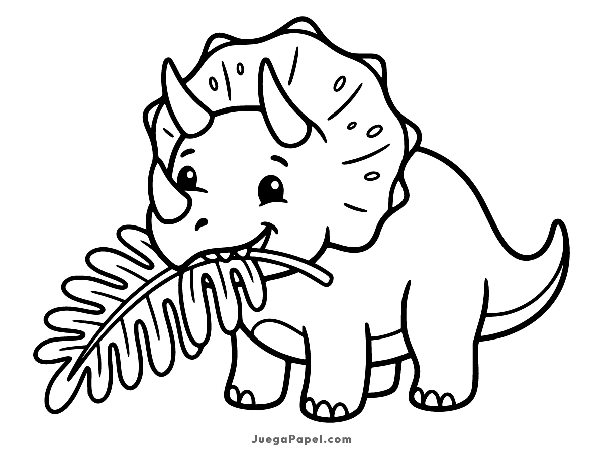 Dibujo para colorear e imprimir de Triceratops Comiendo una Hoja