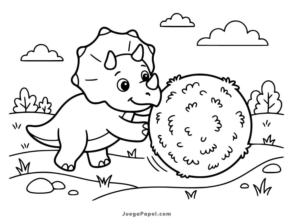 Dibujo para colorear e imprimir de Triceratops Jugando con un Arbusto Rodante