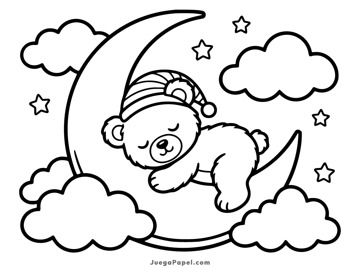 Dibujo para colorear e imprimir de Un adorable osito de peluche durmiendo sobre la Luna