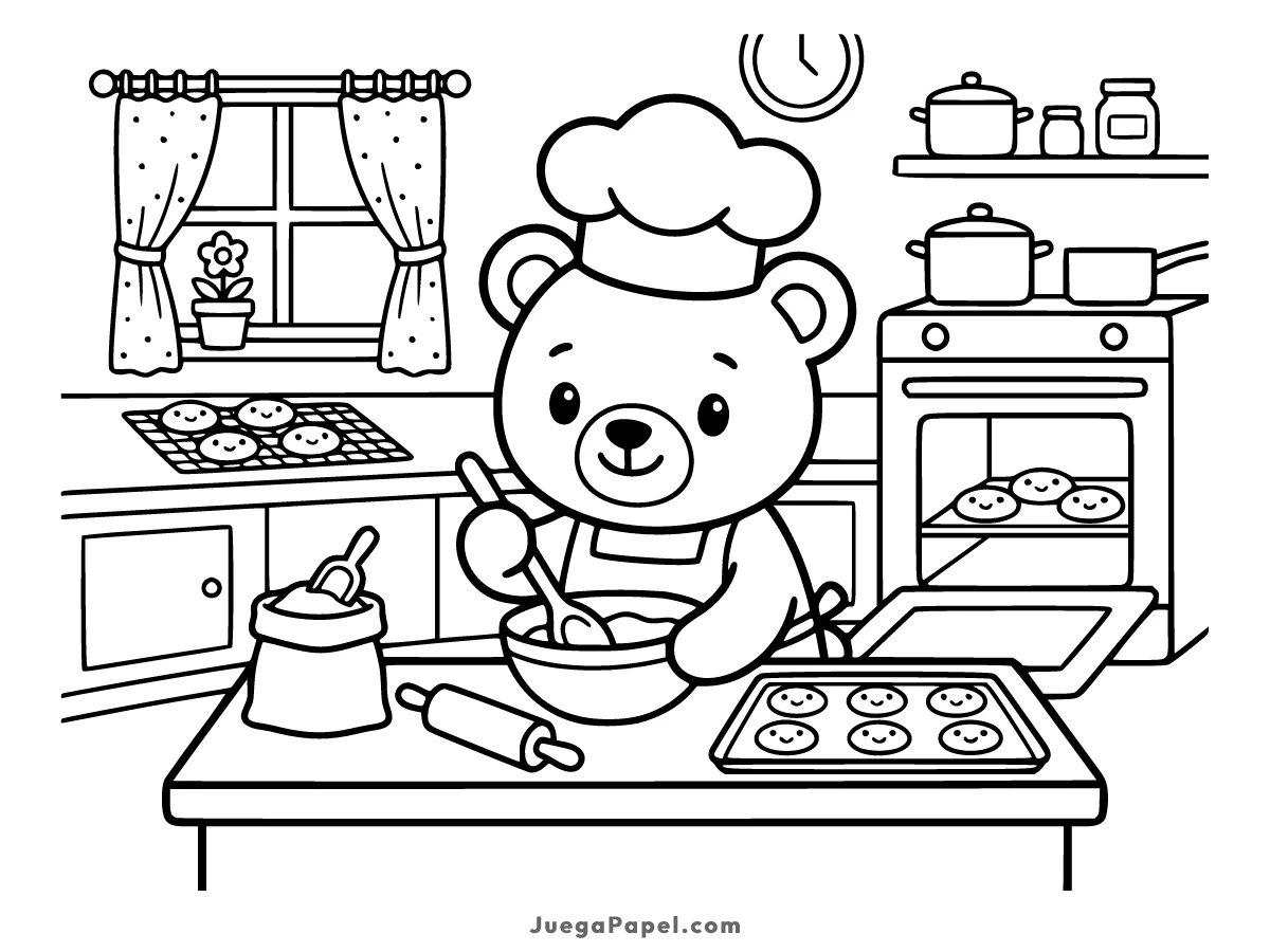 Dibujo para colorear e imprimir de Un adorable osito haciendo galletas