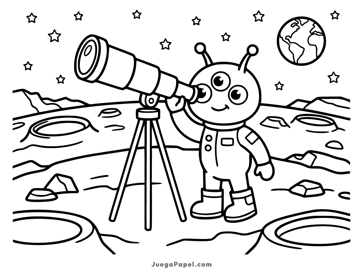 Dibujo para colorear e imprimir de Un alienígena de tres ojos explorando cráteres lunares