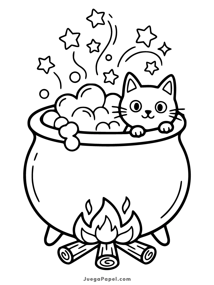 Dibujo para colorear e imprimir de Un caldero burbujeante con un gato asomándose