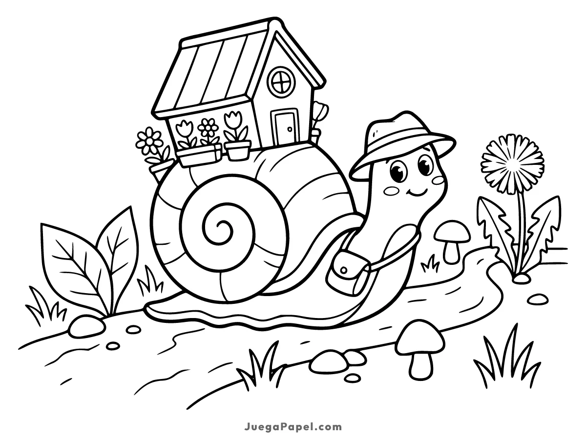 Dibujo para colorear e imprimir de Un caracol aventurero llevando una casa en su caparazón