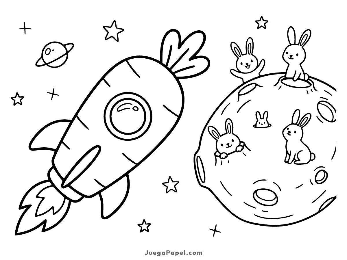 Dibujo para colorear e imprimir de Un cohete con forma de zanahoria volando hacia una luna habitada por conejitos