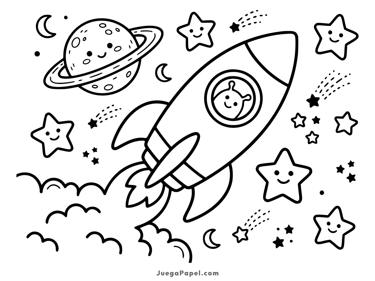 Dibujo para colorear e imprimir de Un cohete espacial con un alienígena dentro