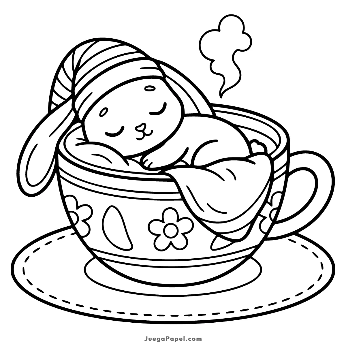 Dibujo para colorear e imprimir de Un conejito durmiendo dentro de una taza de té
