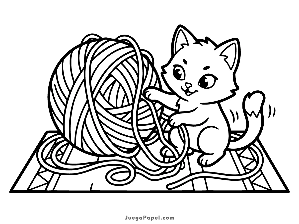 Dibujo para colorear e imprimir de Un gatito travieso jugando con un ovillo de lana