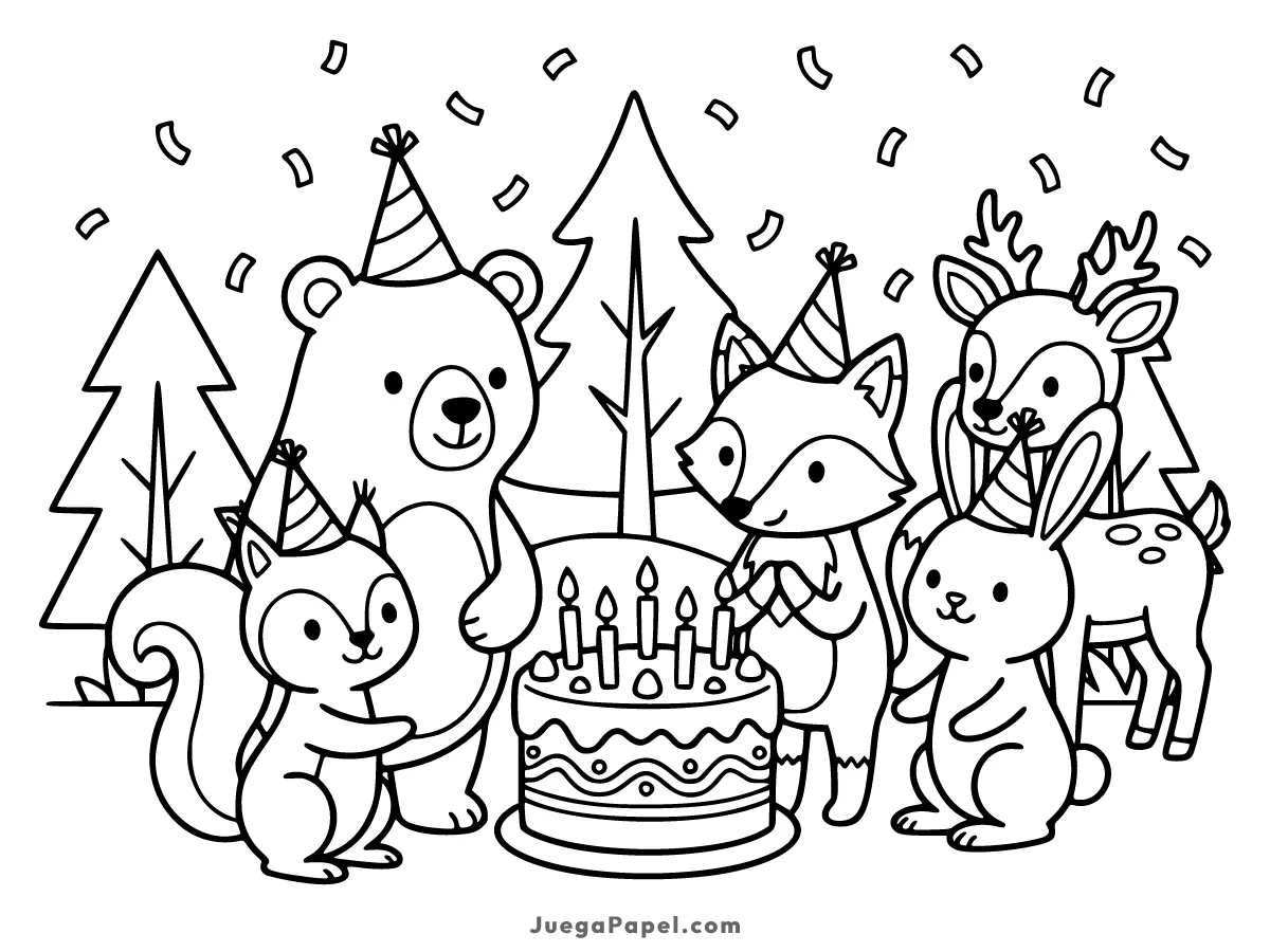 Dibujo para colorear e imprimir de Un grupo de animales celebrando un cumpleaños