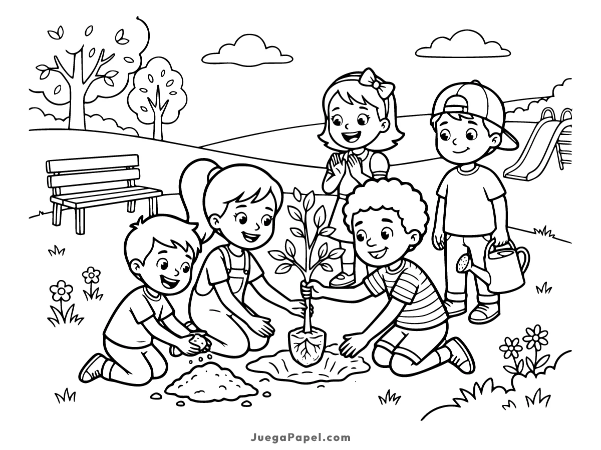 Dibujo para colorear e imprimir de Un grupo de niños plantando un pequeño árbol en el parque