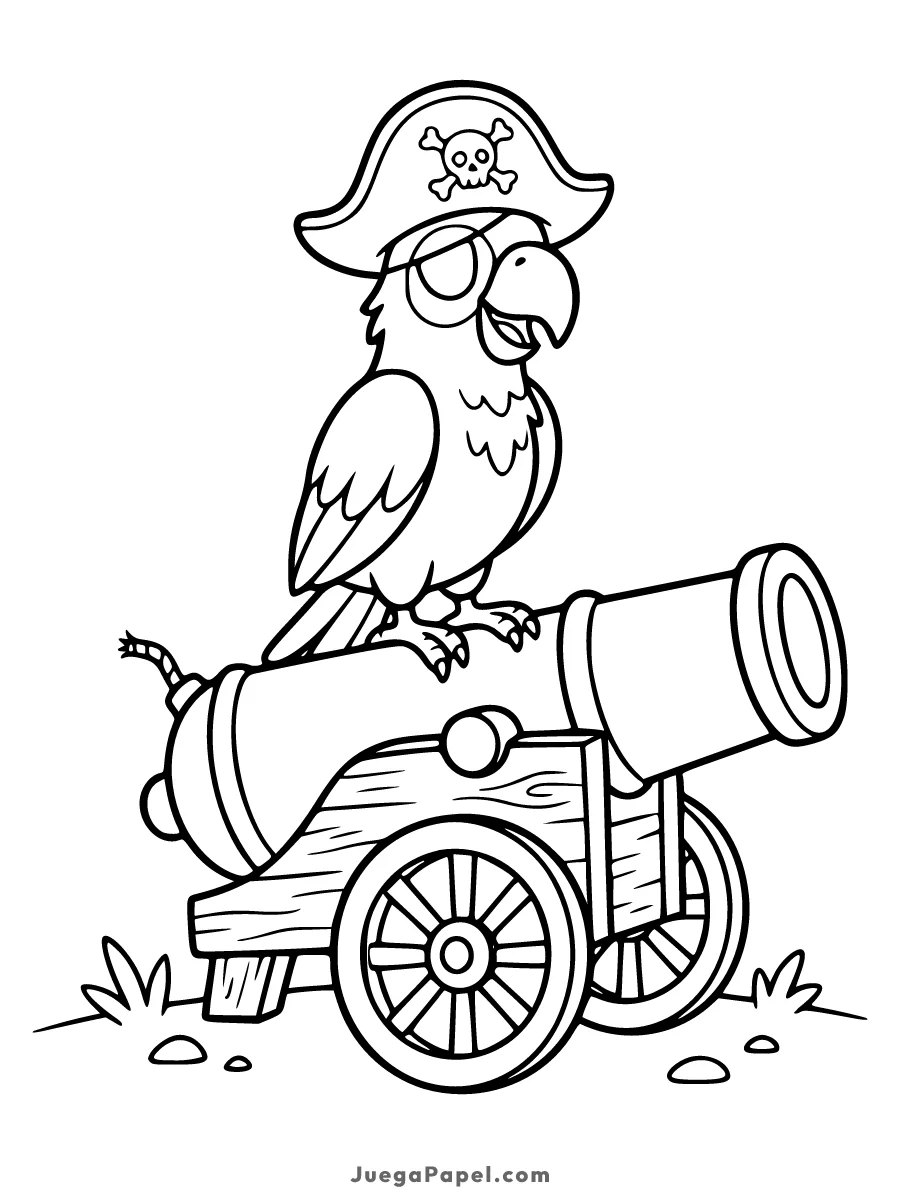 Dibujo para colorear e imprimir de Un loro pirata con un parche en el ojo sobre un cañón