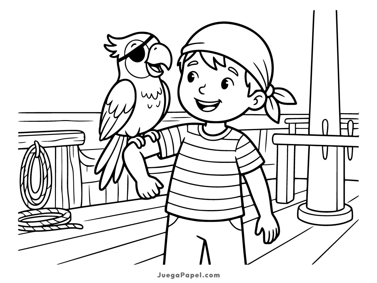 Dibujo para colorear e imprimir de Un loro pirata sobre el brazo de un pequeño grumete