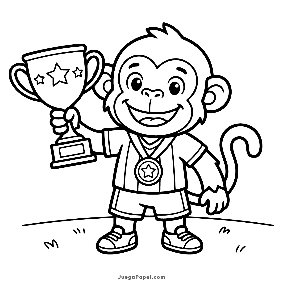Dibujo para colorear e imprimir de Un monito deportista con una Copa y Medalla