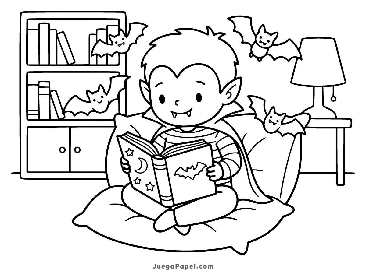 Dibujo para colorear e imprimir de Un pequeño vampiro leyendo un libro con murciélagos revoloteando
