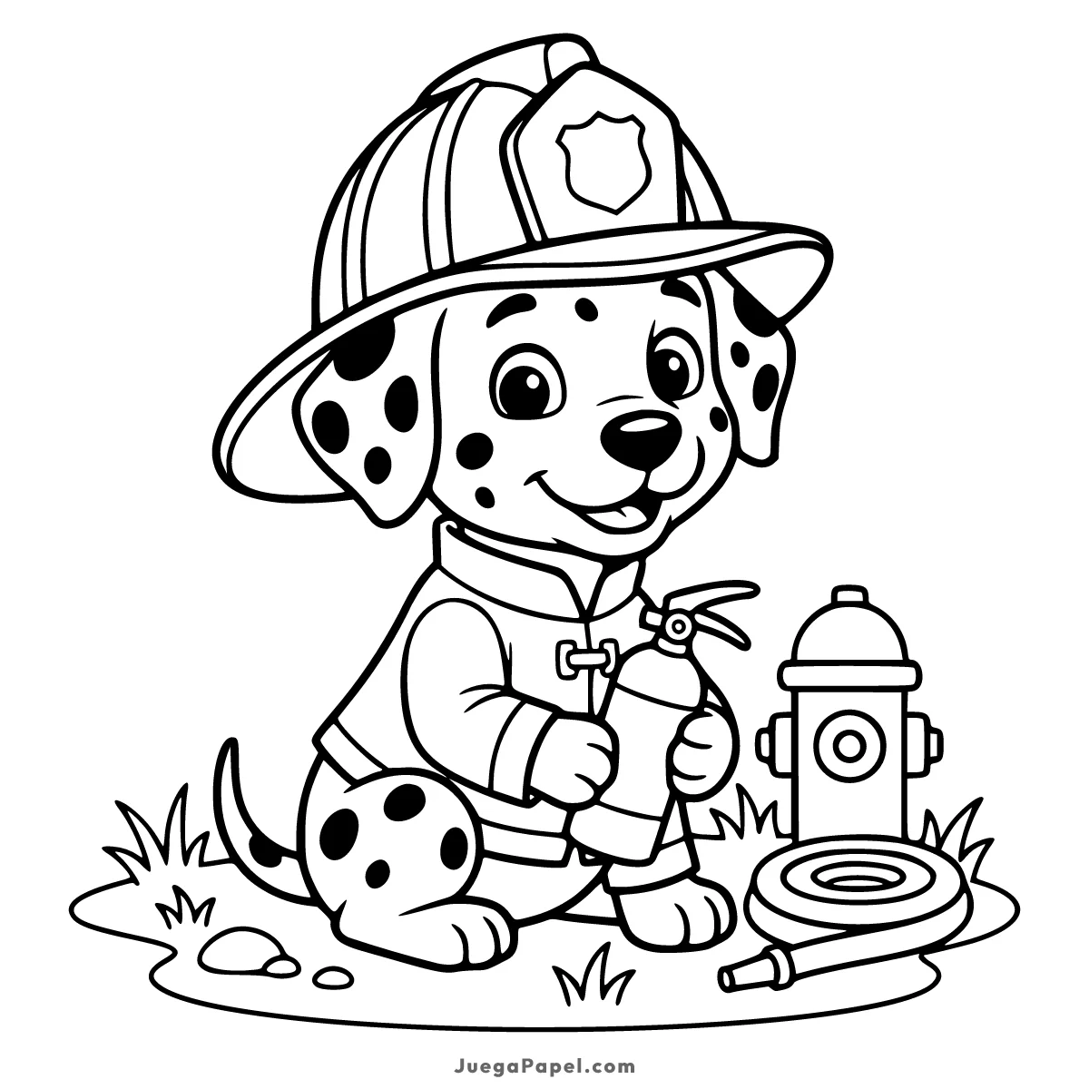 Dibujo para colorear e imprimir de Un perrito dálmata bombero sosteniendo un pequeño extintor