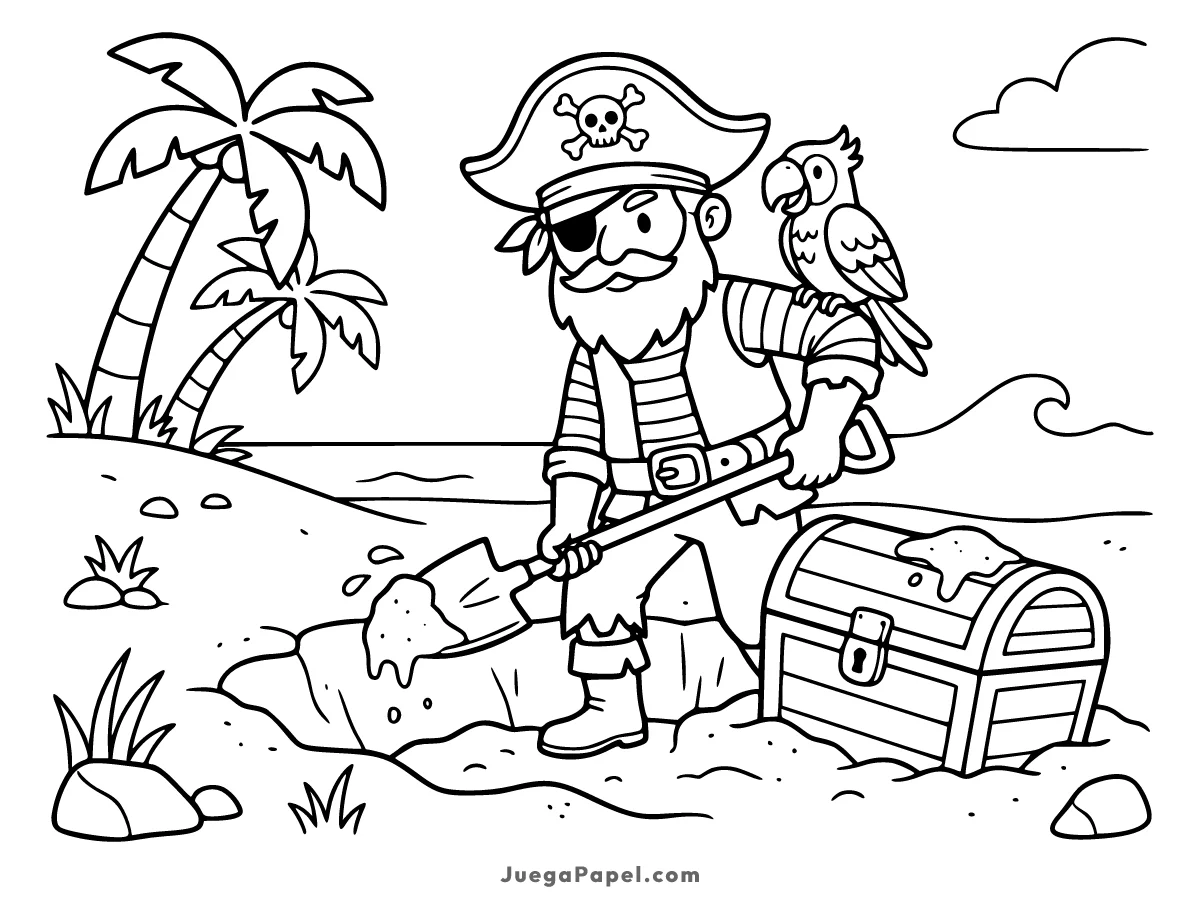 Dibujo para colorear e imprimir de Un pirata desenterrando un cofre del tesoro