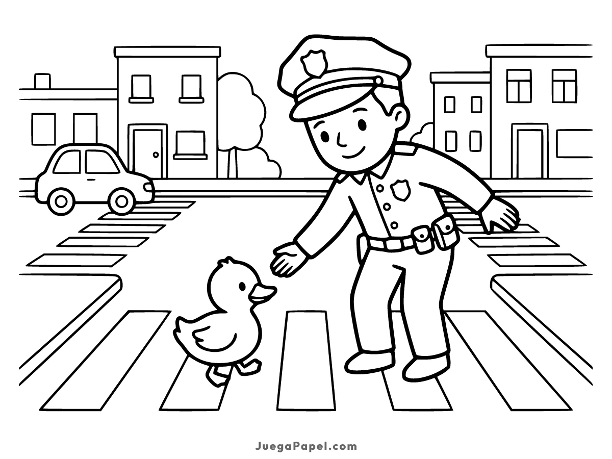 Dibujo para colorear e imprimir de Un policía ayudando a un patito a cruzar la calle