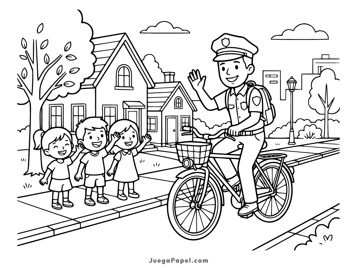 Dibujo para colorear e imprimir de Un policía en bicicleta saludando a los niños en la calle