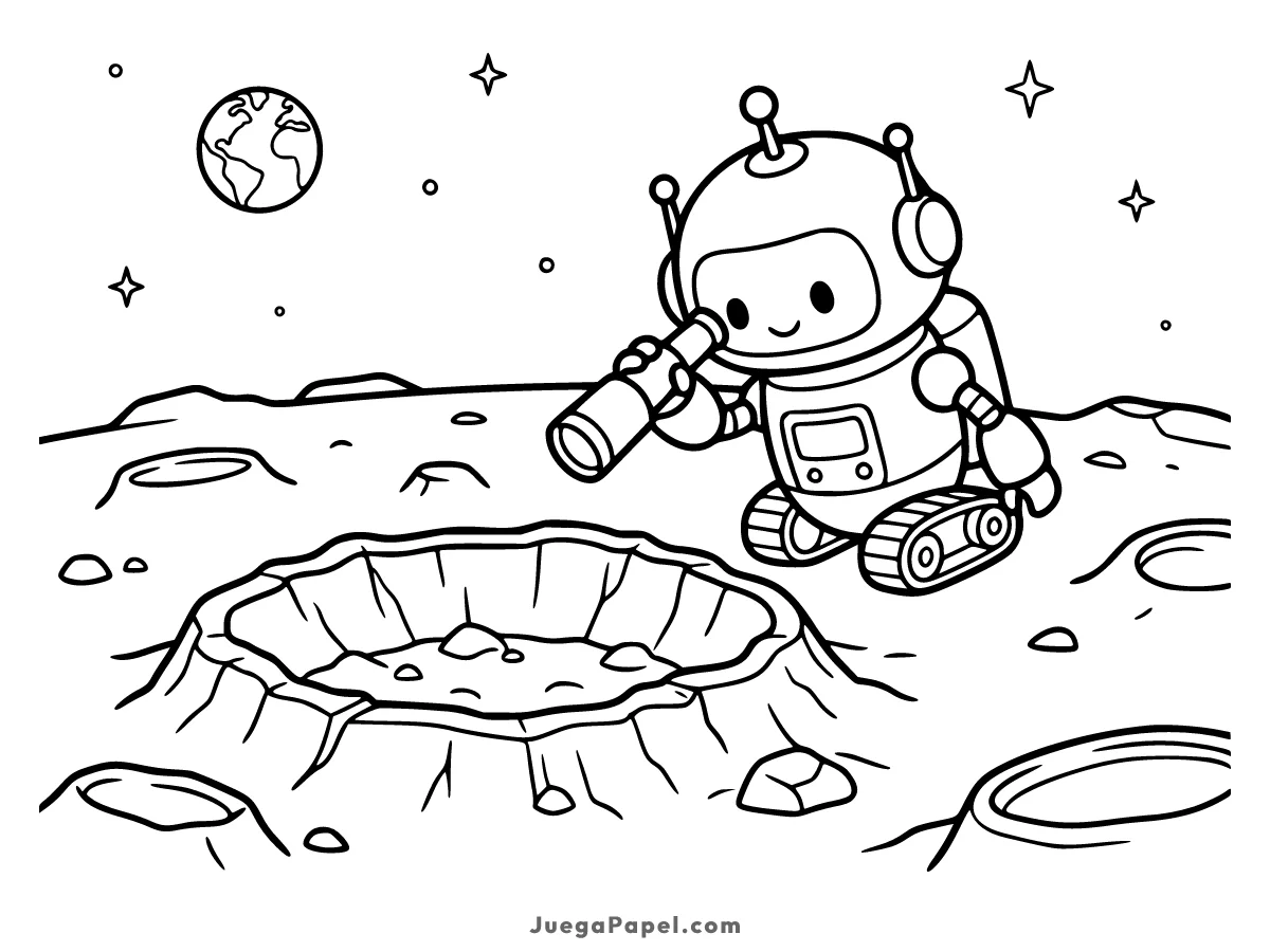 Dibujo para colorear e imprimir de Un robot explorando con catalejo un cráter en la Luna