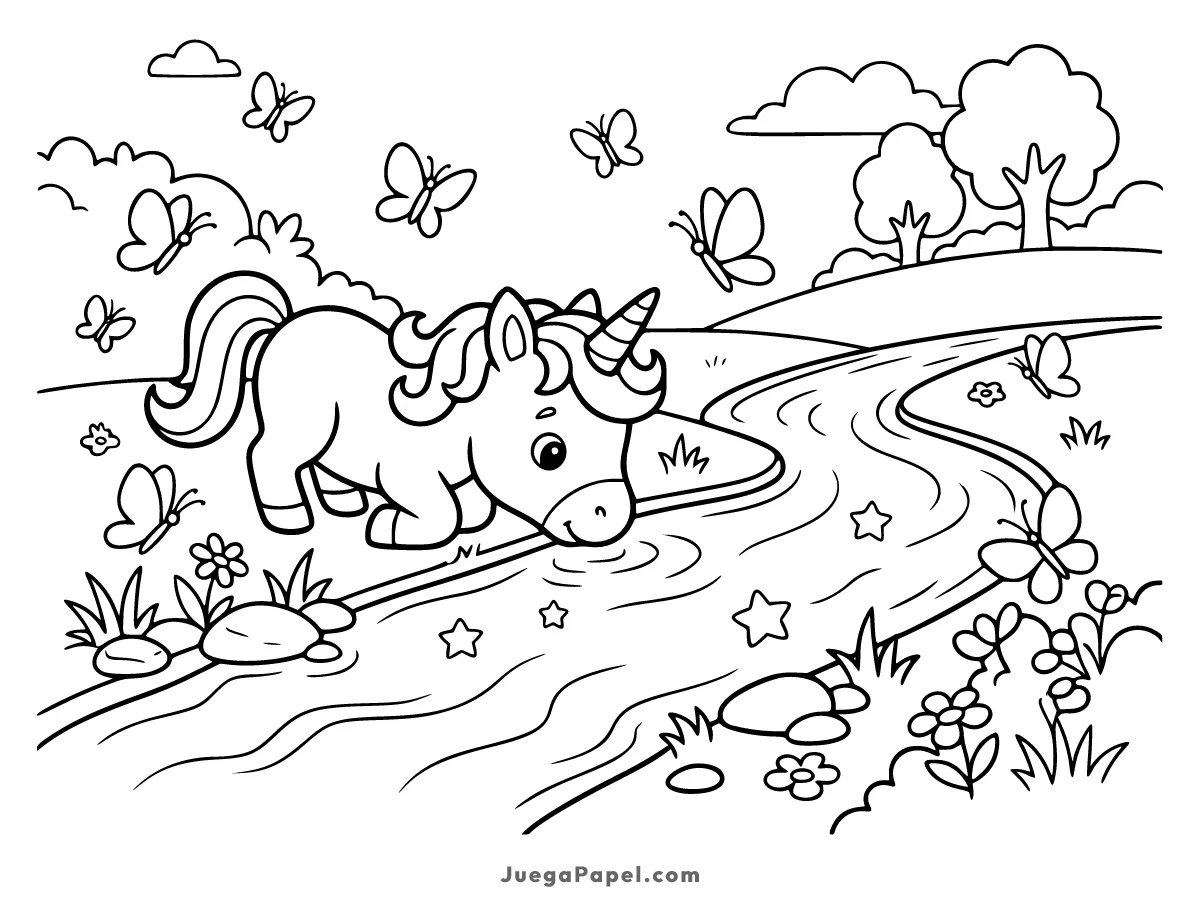 Dibujo para colorear e imprimir de Un unicornio bebé bebiendo agua de un arroyo con mariposas