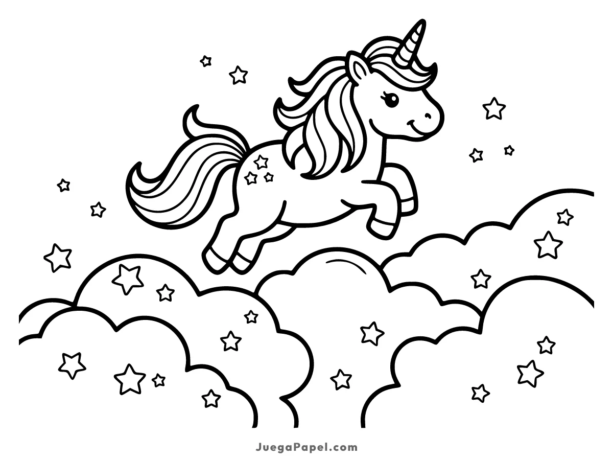 Dibujo para colorear e imprimir de Un unicornio saltando sobre nubes llenas de estrellas