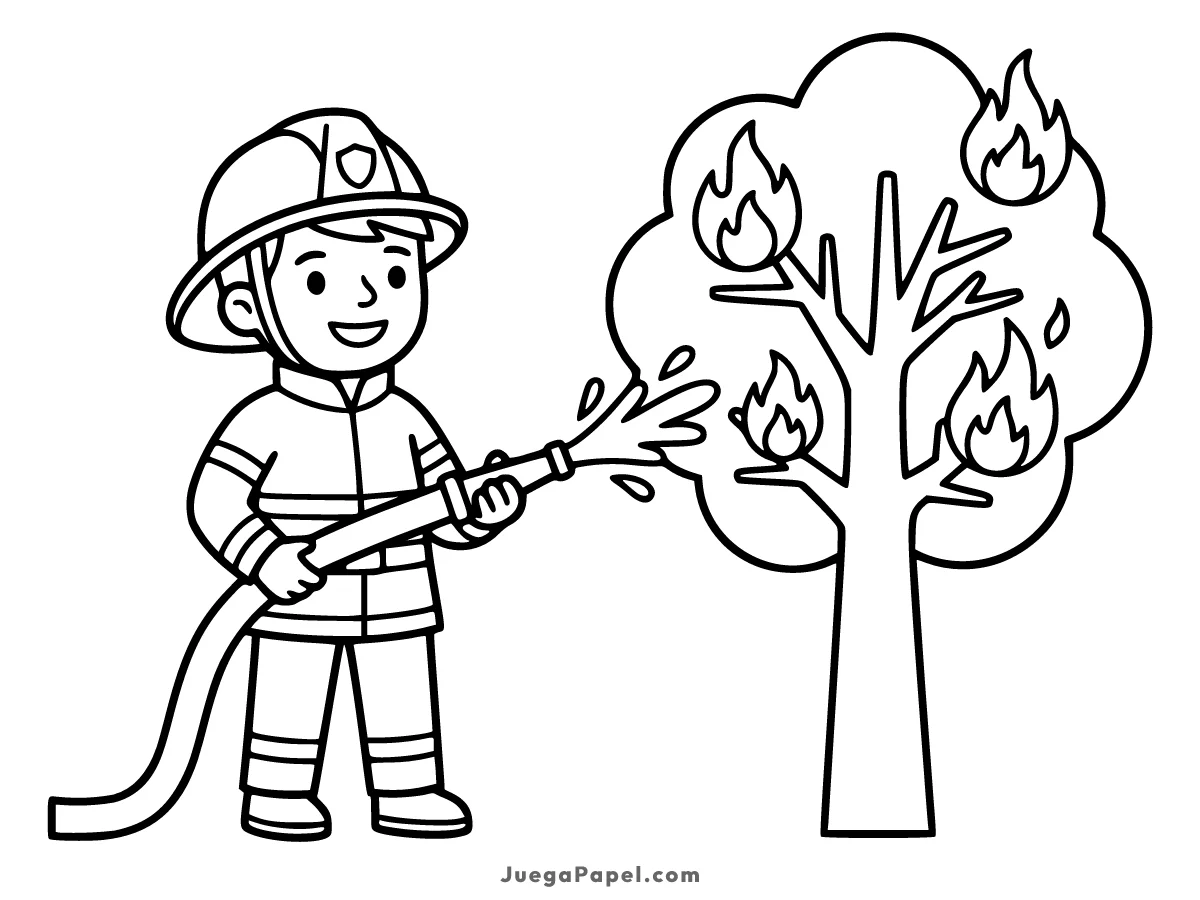 Dibujo para colorear e imprimir de Un valiente bombero sonriente usando su manguera para apagar un fuego amistoso en un árbol