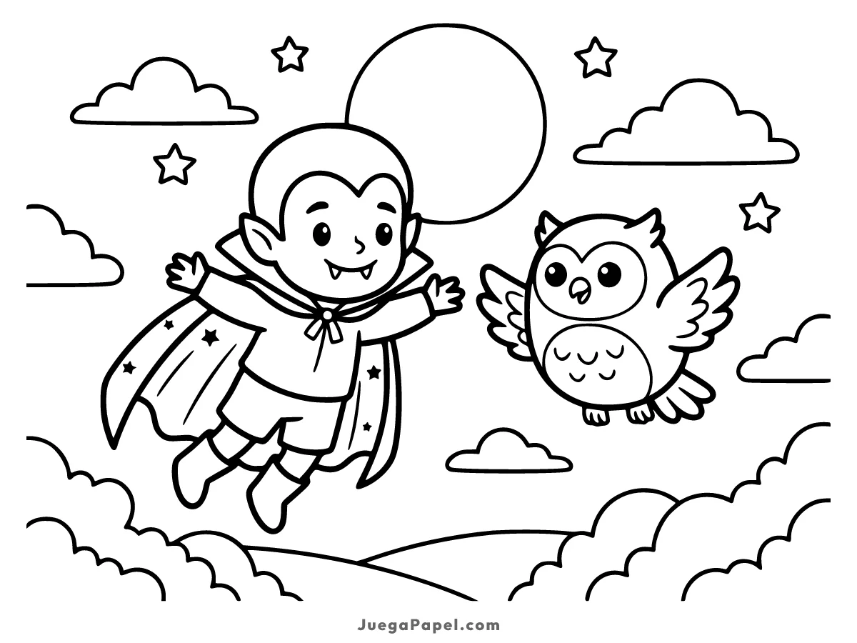 Dibujo para colorear e imprimir de Un vampiro amigable volando alegremente junto a un búho
