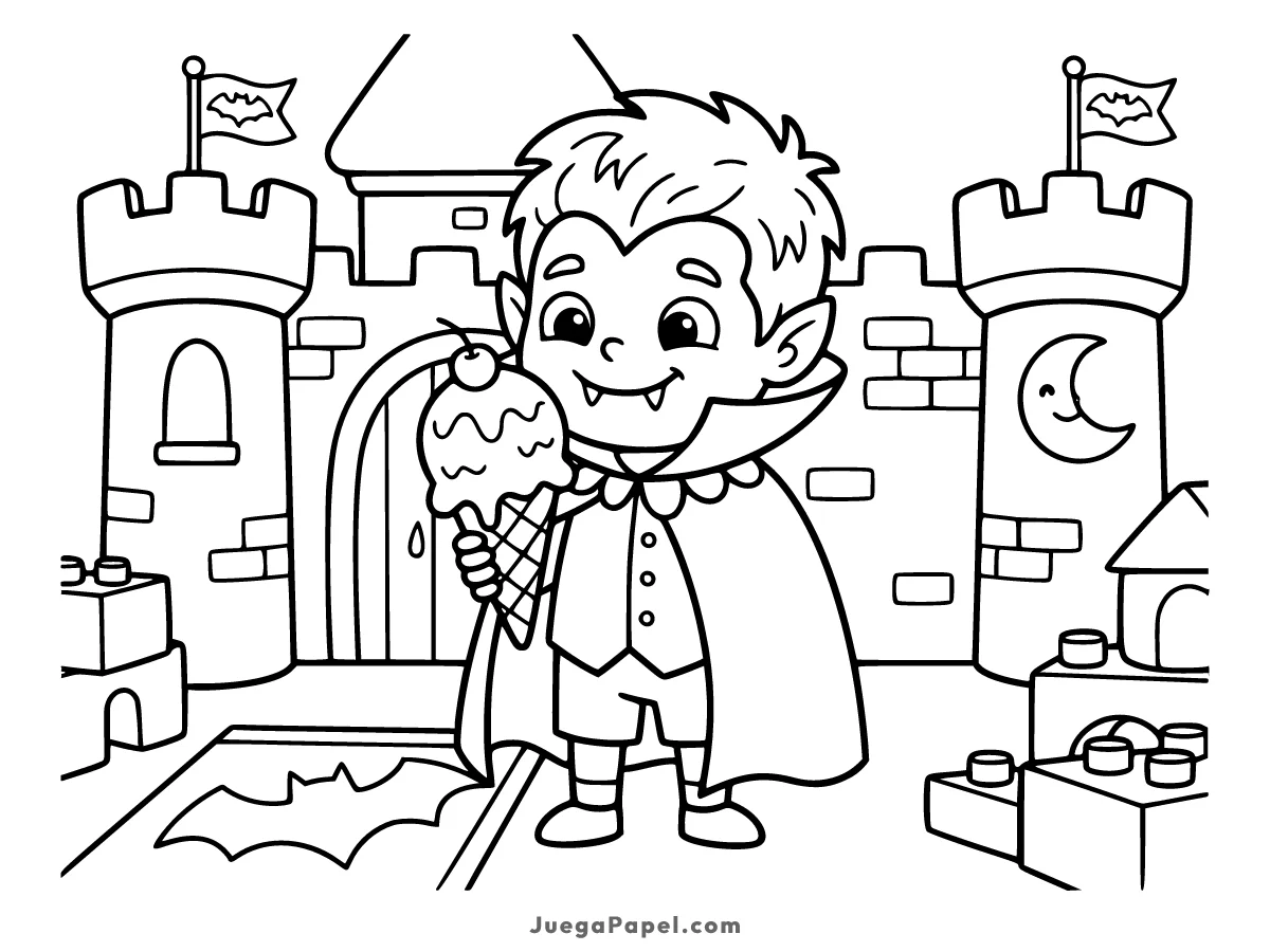Dibujo para colorear e imprimir de Un vampiro comiendo un helado en su castillo