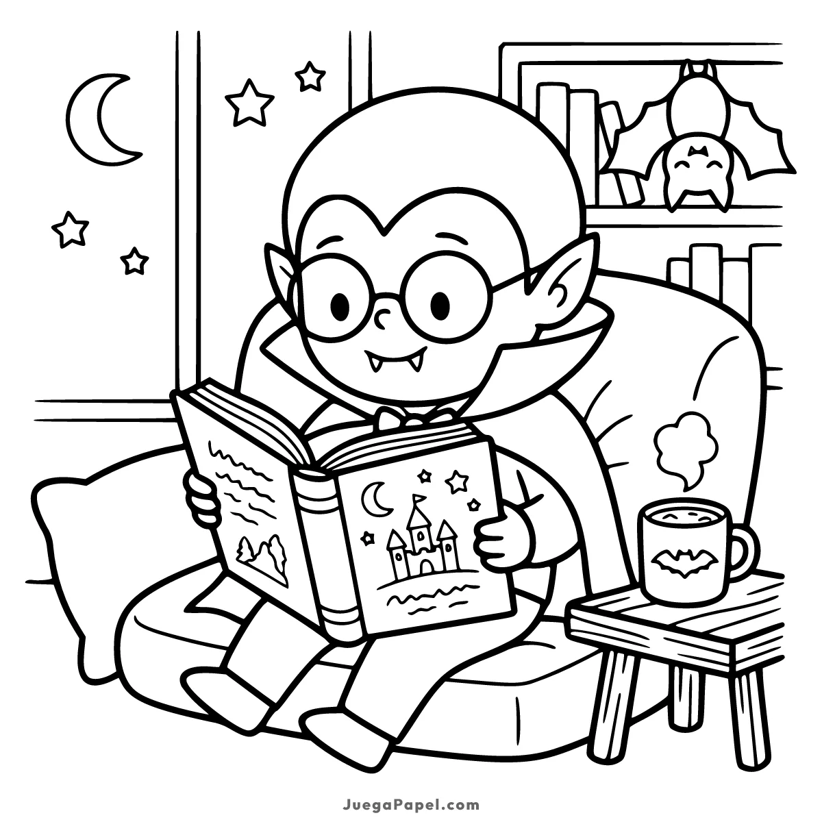 Dibujo para colorear e imprimir de Un vampiro con gafas leyendo un libro