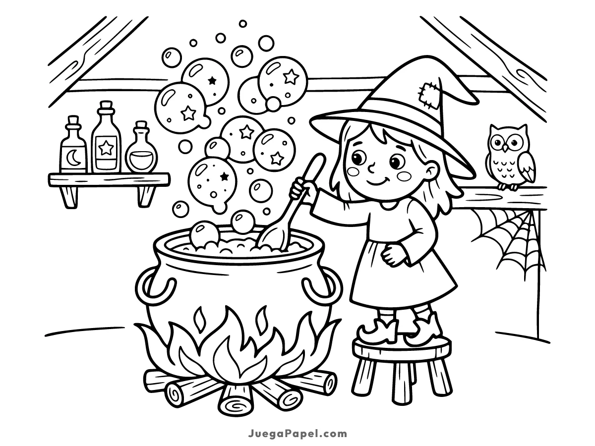 Dibujo para colorear e imprimir de Una bruja preparando una poción en su caldero