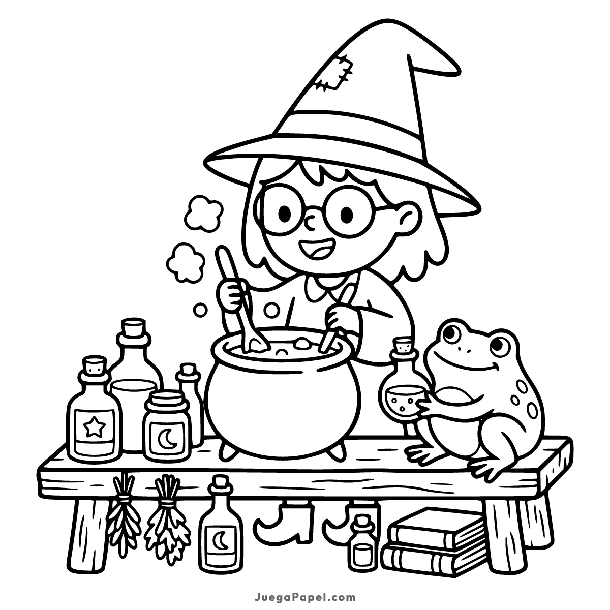Dibujo para colorear e imprimir de Una brujita preparando pociones con un sapo sonriente