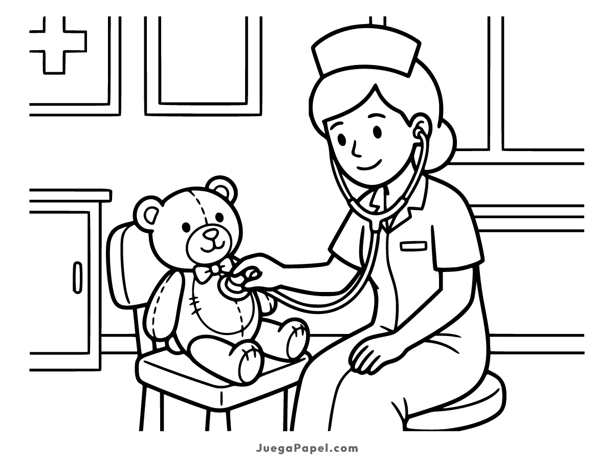 Dibujo para colorear e imprimir de Una enfermera amable revisando un osito de peluche