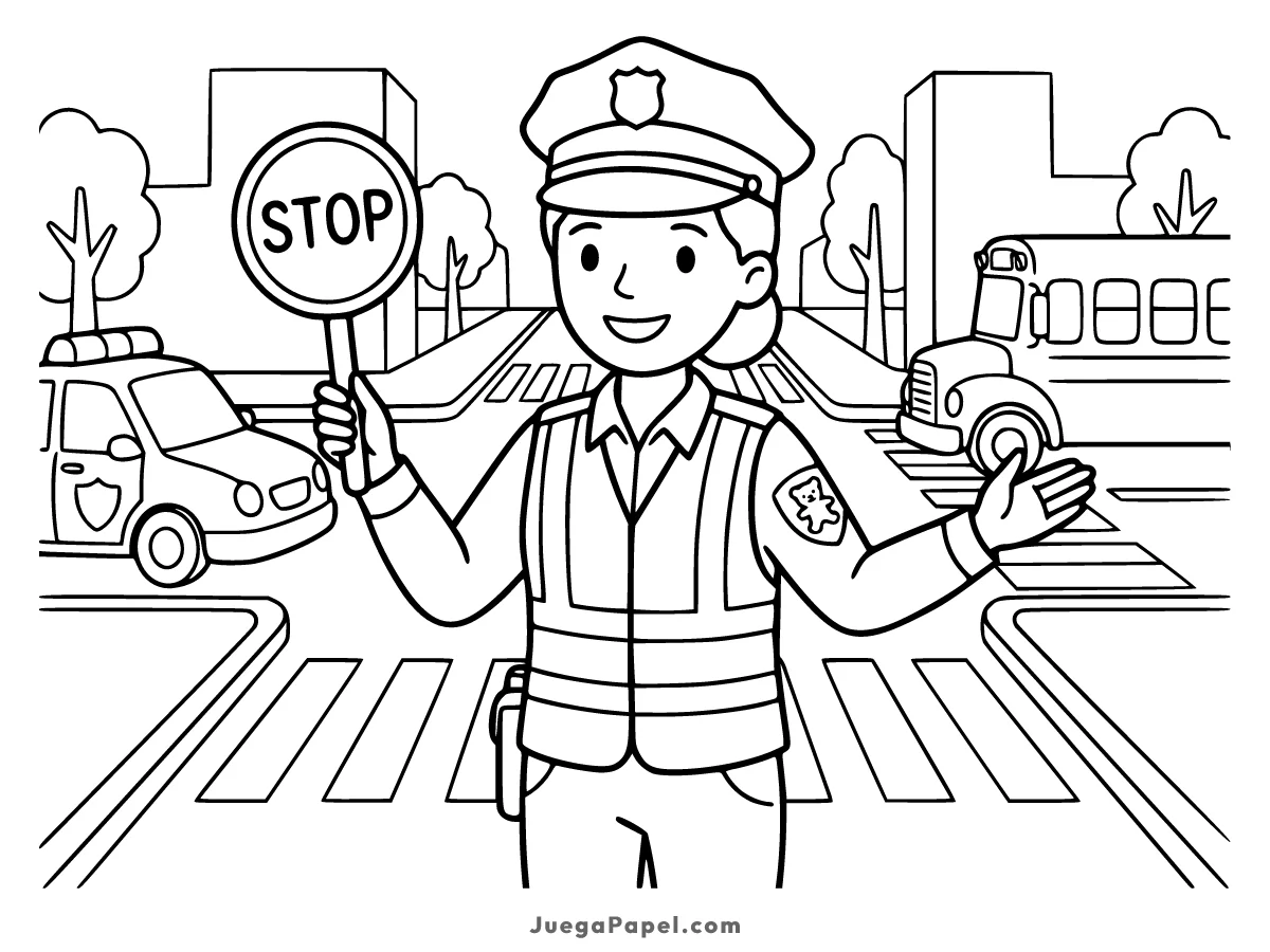 Dibujo para colorear e imprimir de Una oficial de policía dirigiendo el tráfico