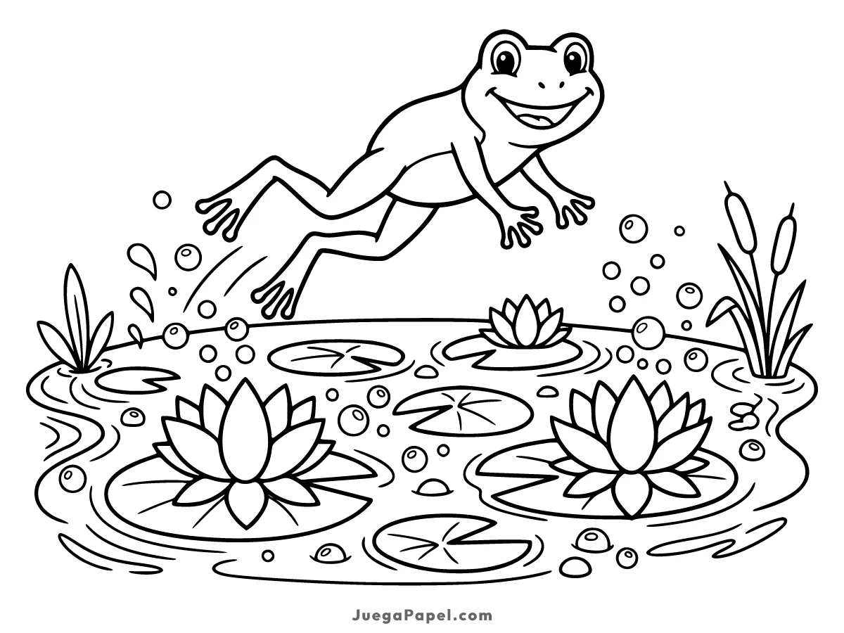Dibujo para colorear e imprimir de Una rana sonriente saltando sobre nenúfares en un estanque