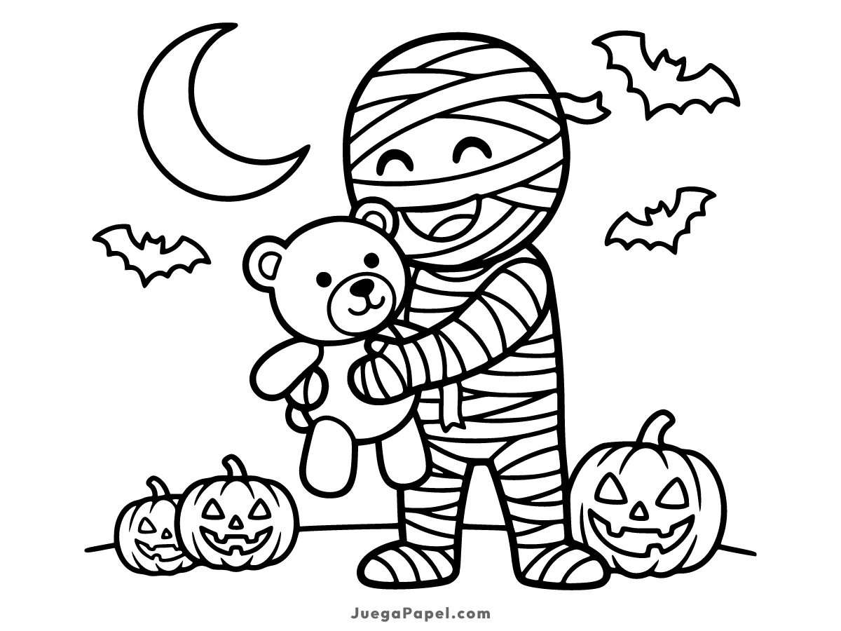 Dibujo para colorear e imprimir de Una simpática momia sonriente envuelta en vendas suaves dando un tierno abrazo a un osito de peluche en una noche de Halloween