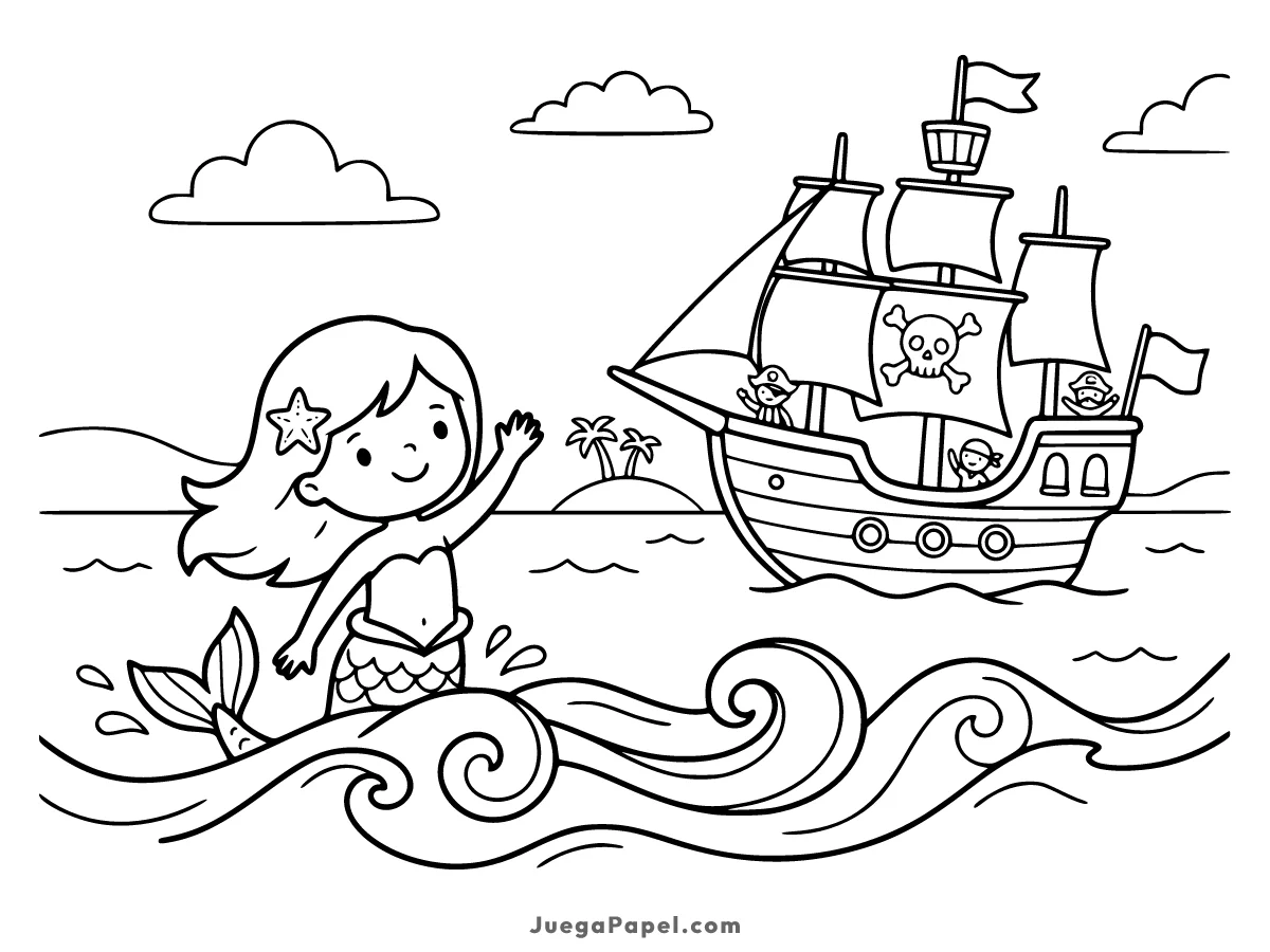 Dibujo para colorear e imprimir de Una Sirena saludando a un barco pirata