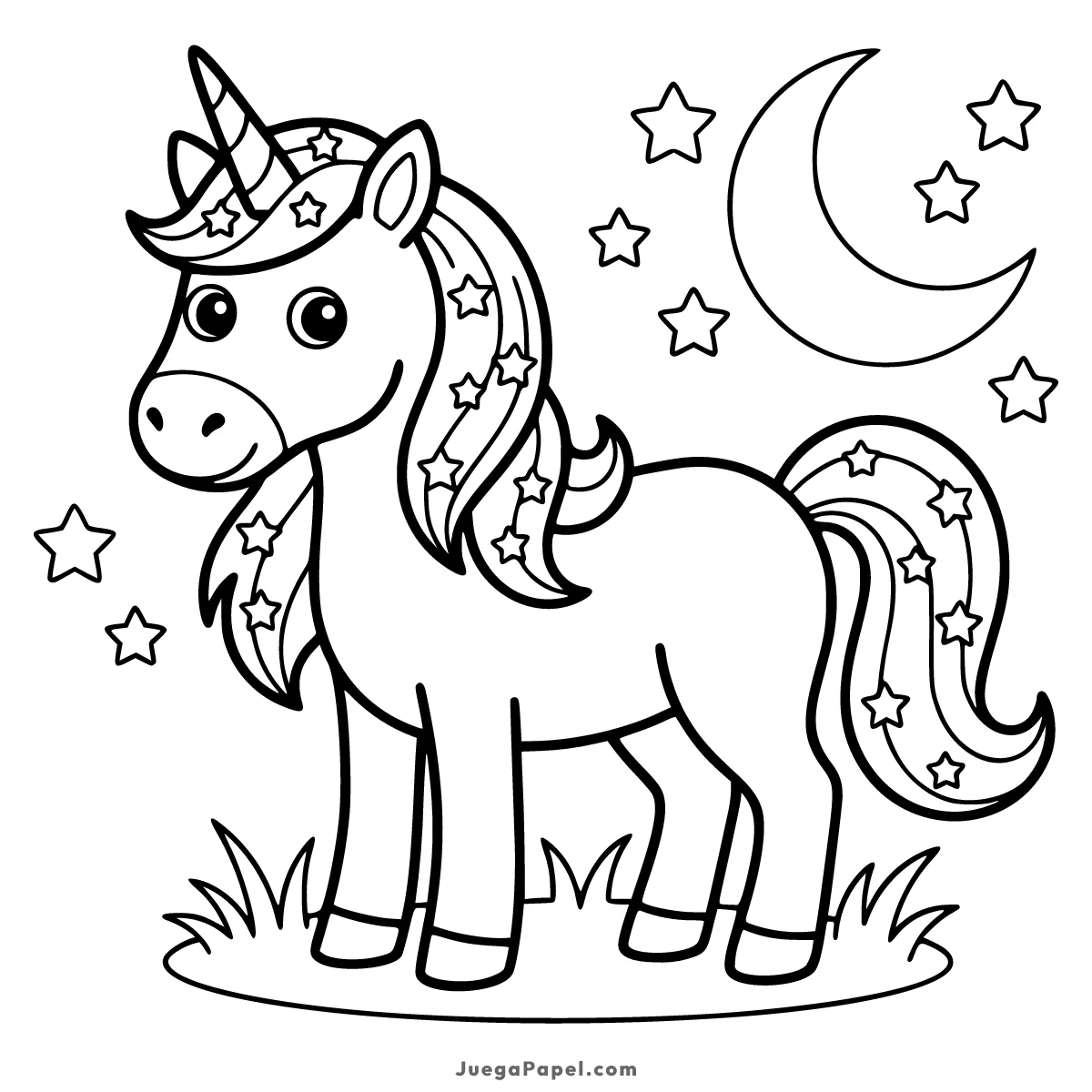 Dibujo para colorear e imprimir de Unicornio Mágico bajo la Luna y las Estrellas