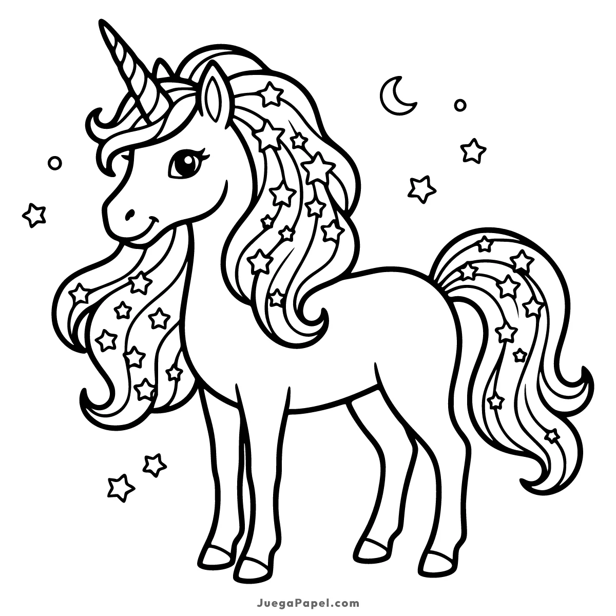 Dibujo para colorear e imprimir de Unicornio Mágico con Estrellas y Luna