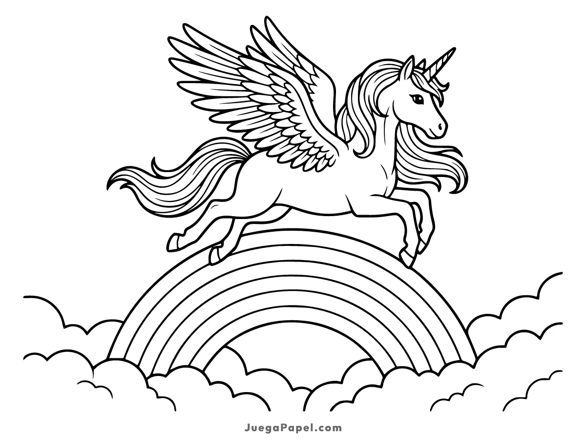 Dibujo para colorear e imprimir de Unicornio Volando por el Arcoiris
