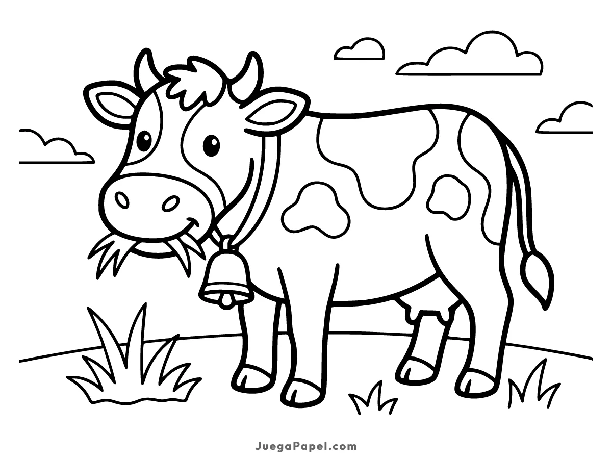 Dibujo para colorear e imprimir de Vaca Feliz Comiendo Pasto en el Campo
