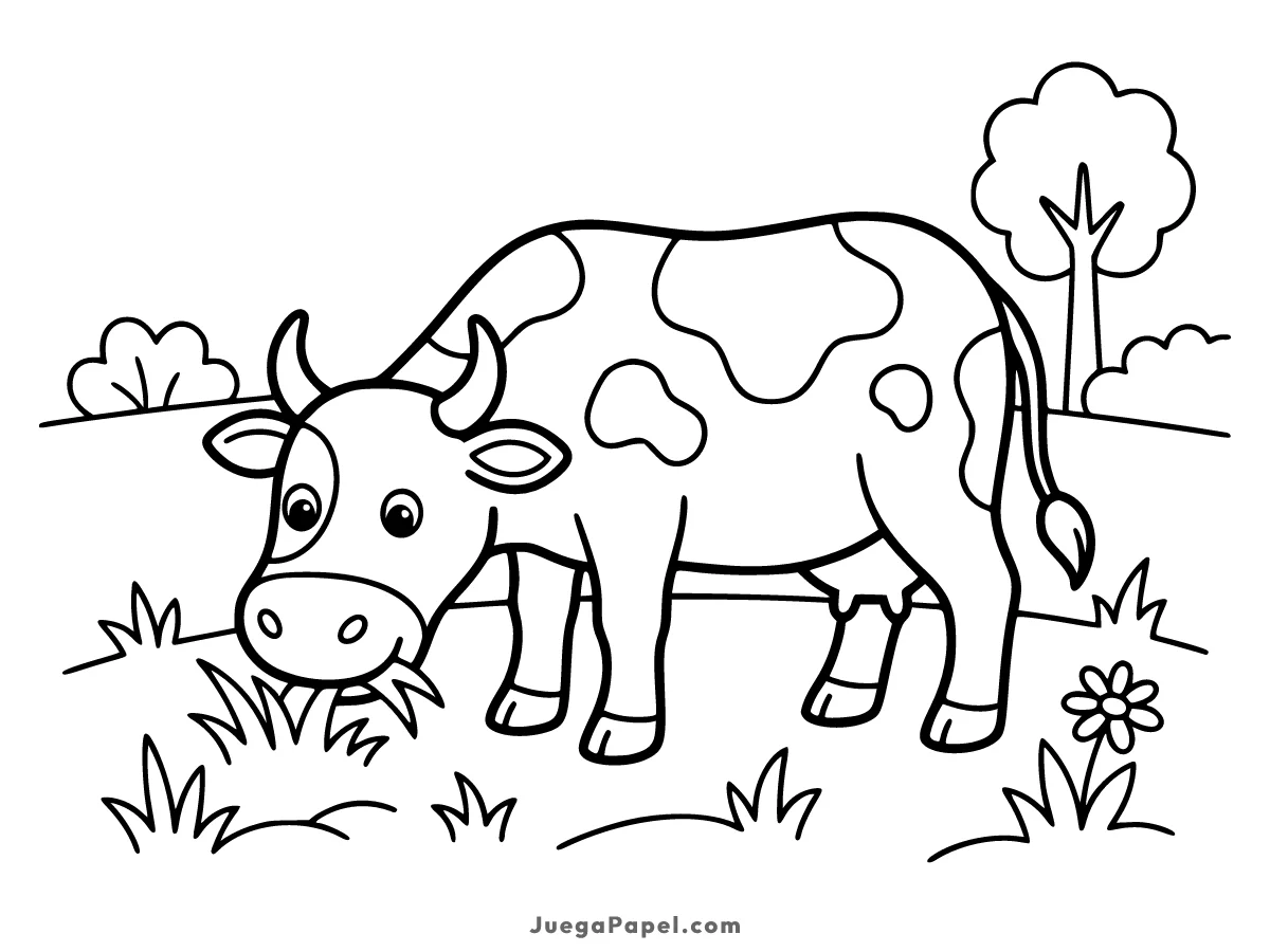 Dibujo para colorear e imprimir de Vaca Feliz Pastando en el Prado